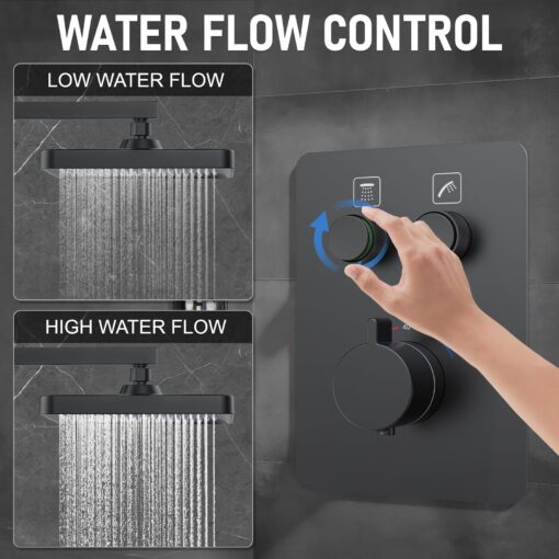 Thermostatic Shower System 13-Inch Rainfall Shower Head - 3 Setting Handheld Sprayer, Complete Bathroom Set with Faucet Mixer Trim Kit & Valve Matte Black - Image 5
