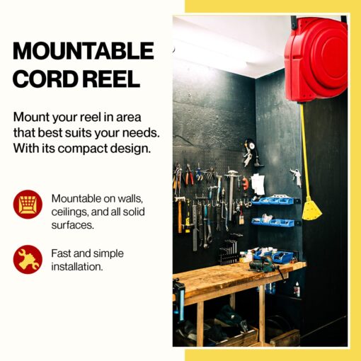 ReelWorks Extension Cord Reel Retractable 12AWG x 65' Foot 3C/SJT Heavy Duty Commercial Cable Triple Tap Connector Power 15A 125VAC 1875W - Image 3