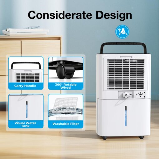 52-Pint Energy Star Dehumidifier for Basement, PLUSCENT 5000 Sq.Ft Coverage with Drain Hose, Ultra-Quiet 4 Modes, Smart Humidity Sensor & 24H Timer for Home/Bedroom/Large Rooms - Image 5
