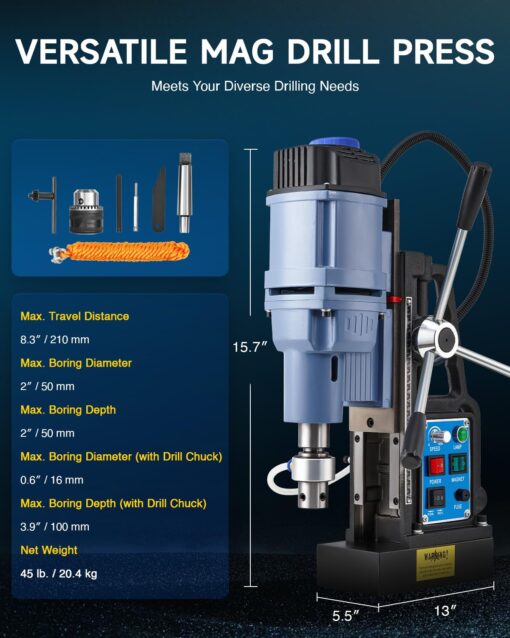 ZELCAN 1550W Mag Drill Press with 2" Dia. 3125 lbf/13900N Mag Force, 650 rpm Power Magnetic Drill with Stepless Speed & Reversible Direction for Metal Surface - Image 2