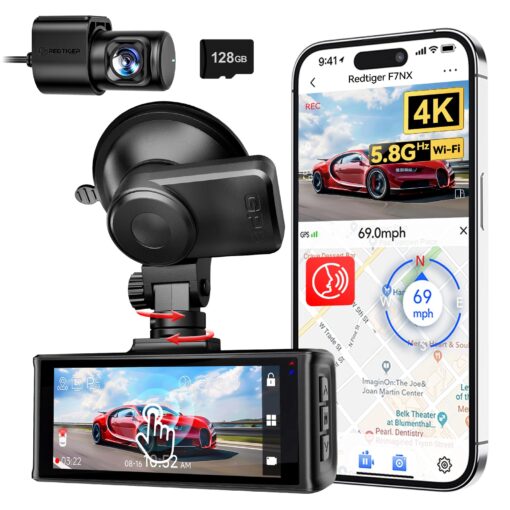 REDTIGER 4K Dash Cam Front Rear, 5.8GHz WiFi APP Control, Voice Control, Included 128GB Card, 3.18'' Touch Screen, Dash Camera for Cars with GPS, WDR Night Vision, 24H Parking Monitor(F7NX)