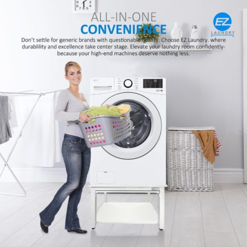 EZ Laundry - Laundry Pedestal for Washer/Dryer, 24" Anti-Vibration Steel Stand with Adjustable Feet Elevates 18", Includes Drain Pan & Hose Pull Out Shelf (White with Shelf) - Image 5