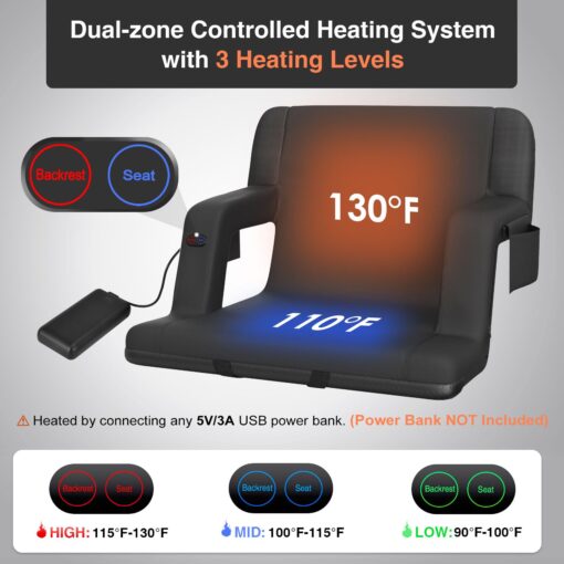 Suteck 2 pcs Dual-Sided Heated Stadium Seats for Bleachers with Back Support, 21" Portable Heated Bleacher Seat with Backrest, 3 Heat Levels, 5 Pockets – Ideal for Outdoor Stadiums and Events - Black - Image 6