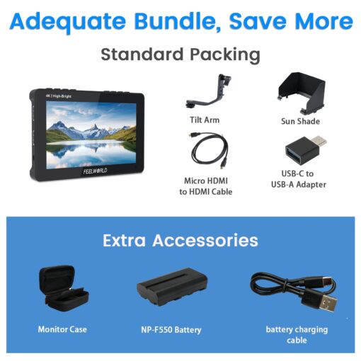 FEELWORLD F5 Pro X 5.5 Inch 1600nits Daylight Visible DSLR Camera Field 4K Monitor with 3D LUT HDMI Touchscreen Monitor Video Monitor 4K-HDMI DC Input Output Include Battery+Carry Case Bundle - Image 4