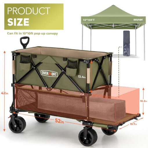 Overmont 400L Foldable Double Decker Wagon - Large Capacity Collapsible Wagon Cart- 52" Extra Long Extender - All-Terrain Big Wheels for Camping Sports School Season, Support Up to 450lbs - Image 2