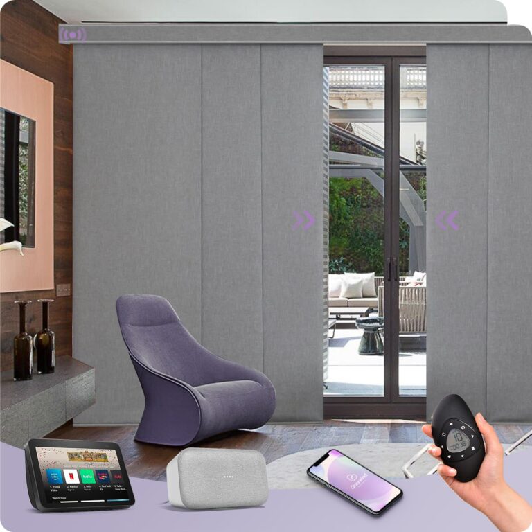 Graywind Motorized Sliding Panels Blackout Compatible with Alexa Google Smart Panel Track Blinds Remote Shades for Patio Sliding Door, Custom Size (Light Grey)