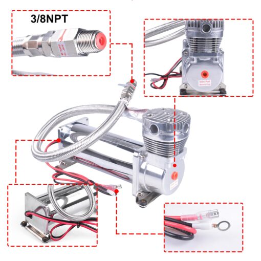 CNRAQR 2PCS 200PSI Heavy Duty Air Train Horn/Air Ride Suspension Compressor 3/8 NPT 12V Silver for Car Horns - Image 2