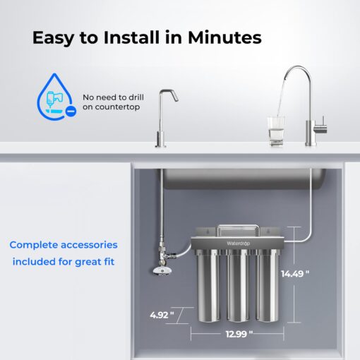Waterdrop TST-UF 0.01μm Ultra-Filtration Under Sink Water Filter, Stainless Steel, 5X Service Life,Remove 99.99% of Contąminants Larger Than 0.01μm, with Dedicated Faucet, USA Tech (3 Filter Included) - Image 3