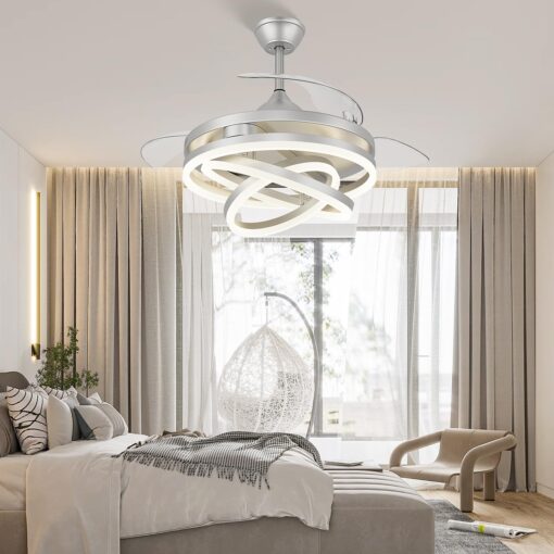 TXCSLY 42 Inch Retractable Ceiling Fan, Chandelier Ceiling Fan with Light DC Motor, 3 Color Tempearture, 6 Wind Speed for Bedroom, Living Room and Dining Room, Silver - Image 7