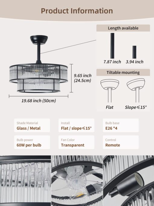 YADZSLY Black Fandelier Ceiling Fans with Lights, 20" Black Crystal Chandelier Ceiling Fan with Light Remote Control, Caged Mid Century with 6 Speeds for Bedroom, Living Room, Nursery - Image 7