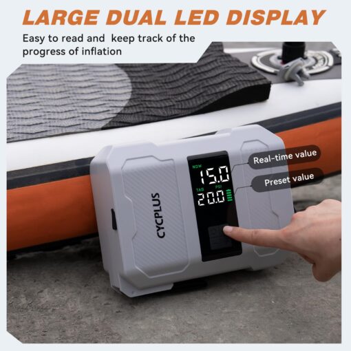 CYCPLUS 20PSI Rechargeable Paddleboard Pump - Intelligent Fast Dual-Stage Inflation, Deflation Function, Auto-Off &Dual LED Display, Suitable for Stand-Up Paddleboard, Inflatable Boat Tent Mattress - Image 6