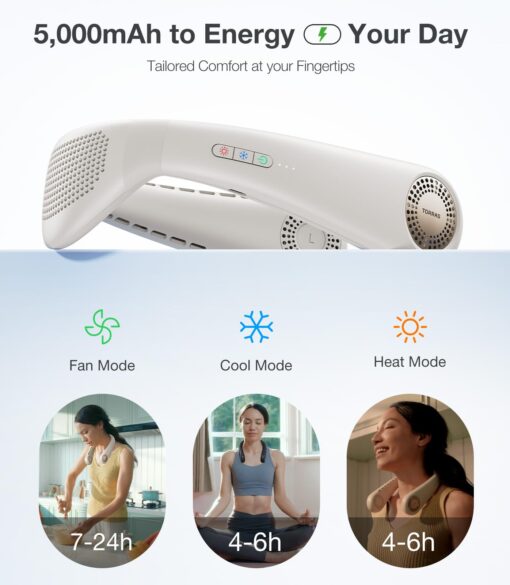 TORRAS COOLiFY Air 2025 Upgraded Neck Fan Air Conditioner, Ultra-Light Portable Fan Rechargeable, Personal Cooling Neck with 3 Modes Fan/Cooler/Heat for Travel, Camping, Outdoor, Ivory - Image 4