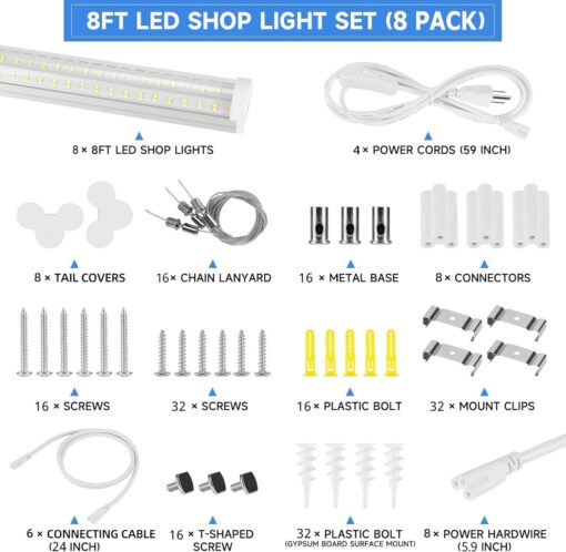 Phiwicsh 8Pack 8FT LED Shop Light, U Shape 125W Integrated LED Tube Light, 6500K Clear White, 20000LM Super Bright LED Lighting, Flush Mount/Hanging Linkable LED Ceiling Lights for Garage, Plug&Play - Image 5
