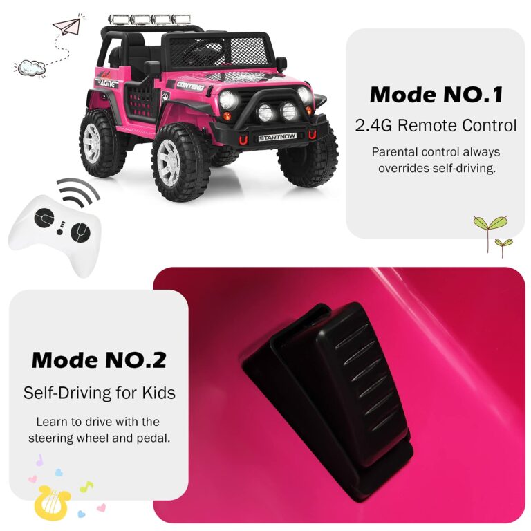 HONEY JOY 2 Seat Ride On Truck,12V Battery Powered Electric Cars for Kids, Spring Suspension, LED Lights, Remote Control, Horn, Music/ MP3, Toddler 4 Wheeler Ride On Toys Car for Girls(Pink) - Image 4