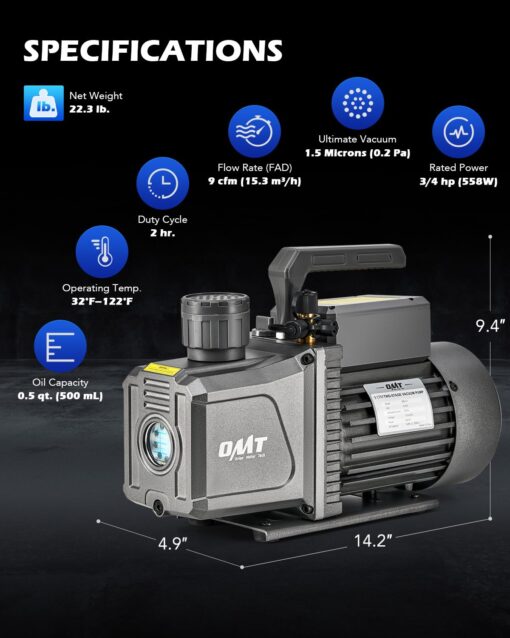 Orion Motor Tech 2 Stage Vacuum Pump, 9 cfm 3/4 hp HVAC Rotary Vane Vacuum Pump with 1.5 Micron Ultimate Vacuum, Two Stage Air Vacuum Pump for R22 R134a R410a HVAC Servicing - Image 5