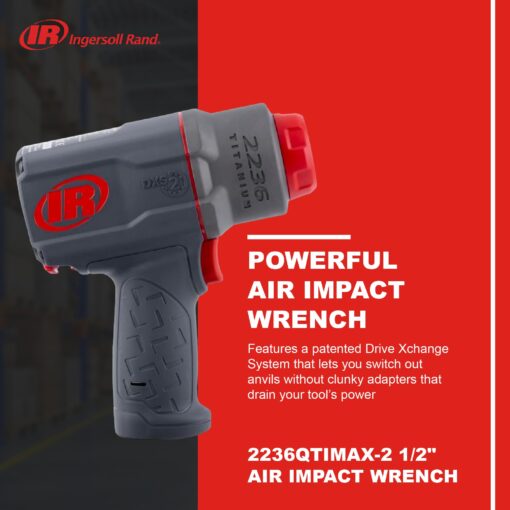 Ingersoll Rand 2236QTIMAX-2 DXS2 1/2" Air Impact Wrench, 2" Extended Anvil, Quiet, 1500 ft-lb Torque, Titanium Hammercase, Friction Ring Retainer, Pistol, Interchangeable Anvil, Multi-functional Tool - Image 61