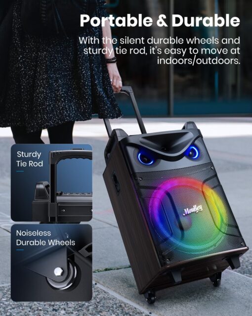 Moukey Karaoke Machine, Wood Pattern 10" Woofer Portable PA System, Bluetooth Speaker with 2 Wireless Microphones, Tablet Holder & Party Lights, Echo/Treble/Bass Adjustment Support REC/AUX/USB/TF - Image 2