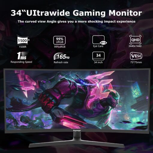 Raywego 34 inch Curved Ultrawide Computer Gaming Monitor 165Hz,UWQHD 3440x1440,1500R -PIP,1ms (MPRT),HDR, 300nits, sRGB99%,FreeSync,HDMI2.0(TMDS) x2,DP1.4 x2,Eye Care,VESA,Support Lifting Base - Image 8