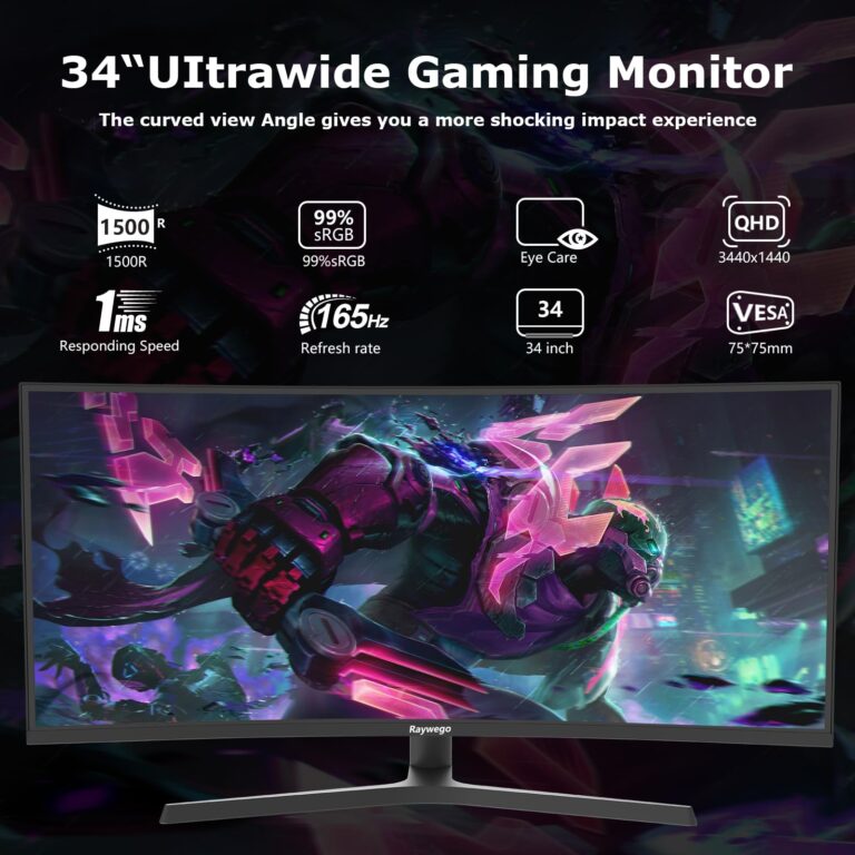 Raywego 34 inch Curved Ultrawide Computer Gaming Monitor 165Hz,UWQHD 3440x1440,1500R -PIP,1ms (MPRT),HDR, 300nits, sRGB99%,FreeSync,HDMI2.0(TMDS) x2,DP1.4 x2,Eye Care,VESA,Support Lifting Base - Image 8