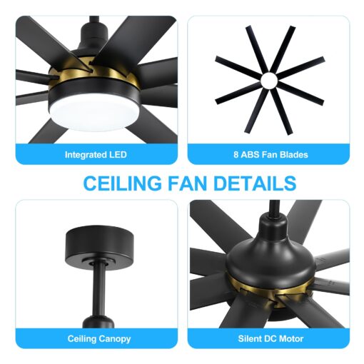 Breezary 65 Inch Ceiling Fan with Light and Remote, 8-Blade, Reversible DC Motor, 6-Speed, Timer, Industrial Ceiling Fans with Led Light Chandelier for Bedroom Office (Black & Gold + 8 Black Blade) - Image 5