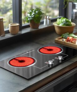 ADVWIN Electric Cooktop, 2 Burner Knob Control Plug in Built-in Ceramic Electric Stove Top with Child Safty Lock & Timer & Over-Temperature Protection & 10 Power Setting, 1800W, 110v (2 burners)