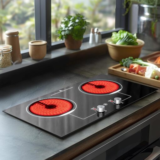 ADVWIN Electric Cooktop, 2 Burner Knob Control Plug in Built-in Ceramic Electric Stove Top with Child Safty Lock & Timer & Over-Temperature Protection & 10 Power Setting, 1800W, 110v (2 burners)
