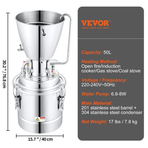 VEVOR Alcohol Still, 13 Gal/50L Alcohol Distiller, Distillery Kit for Alcohol with 304 Stainless Steel Tube & Circulating Pump & Build-in Thermometer & Exhaust Port for DIY Whisky Wine Brandy - Image 3