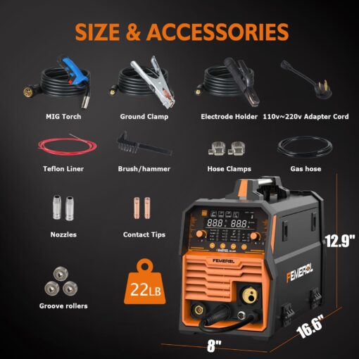 FEMEROL 250A MIG Welder,6 in 1 Gas MIG/Gasless Flux Core/Stick/Lift TIG/Spot Welding/Spool Gun Compatible Aluminum Welding Machine Large LED Display 110V/220V Multi Process Welder - Image 4