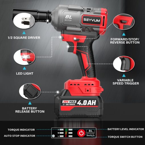 SEYVUM Cordless Impact Wrench, 1/2” Max Torque 600 Ft-lbs / 800 N.m Powerful Impact Gun, 20V 3500RPM Electric Impact Driver, 2 x 4.0Ah Battery & Fast Charger, 6 Impact Sockets, Carrying Case Included - Image 2