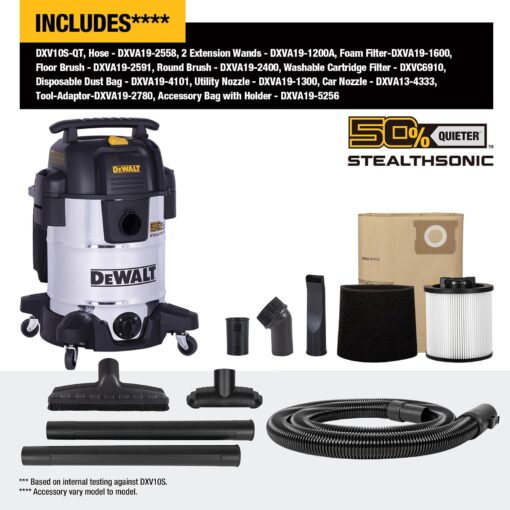 DEWALT 10 Gallon STEALTHSONIC Wet and Dry Shop Vacuum, Ultra Quiet Heavy Duty With Attachments, Powerful Outdoor Vac for Car, Garage, Workshop, Jobsite, Patio, DXV10S-QT, 5 Peak HP - Image 8