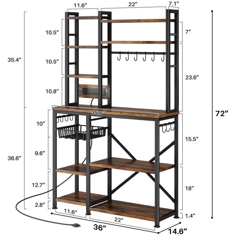 Baker Rack with Power Outlet - Microwave Stand with Storage, Large Coffee Bar Station with 14 Hooks, Metal Kitchen Shelf Rack for Spices, Pots (Rustic Brown) - Image 7