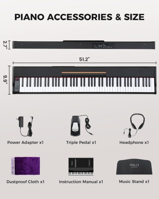 Fesley Weighted Piano Keyboard 88 Keys: Full Size Electric Keyboard Piano for Beginners, Portable 88 Key Keyboard with Daul Speaker,Sustain Pedal,Power Adapter,Support Bluetooth,USB MIDI,FEP300,Black - Image 6