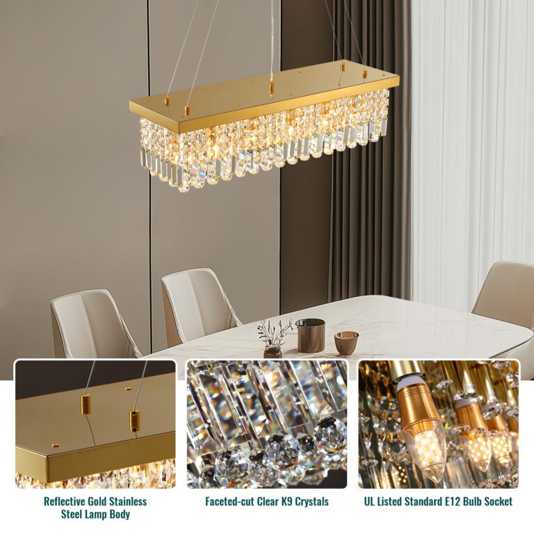 Siljoy 6-Light Modern Crystal Chandelier Rectangular Gold K9 Crystal Raindrop Chandelier for Dining Room, Luxury Adjustable Ceiling Pendant Light for Living Room Kitchen Island L31.5'' x W10'' x H10'' - Image 3