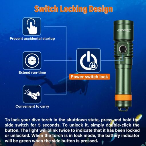 ORCATORCH D710 Scuba Diving Light, 3000 Lumens Super Bright Underwater Flashlight with 6 Degrees Narrow Beam, IP68 Waterproof Night Dive Torch 150 Meters Submersible Light (Green) - Image 4