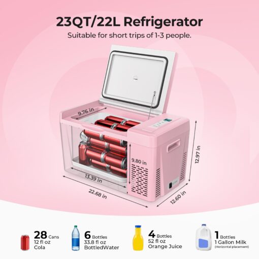 BougeRV Pink 23Quart Portable Refrigerator, 12 Volt Fridge 22L, Portable Freezer Compressor Cooler 12/24V DC 110~240 Volt AC for Truck Van RV Camper -7℉~50℉ - Image 8