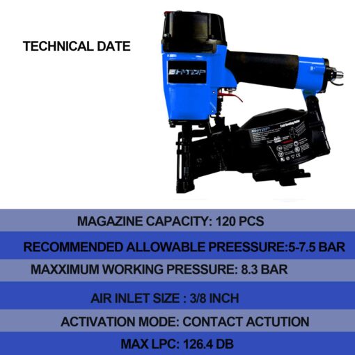 BHTOP CN45N Roofing Nailer with Roofing Knive, 15 Degree Roofing Nail Gun, 3/4-Inch to 1-3/4-Inch Coil Nails, 120-pcs Load Capacity Coil Nailer in Blue - Image 4