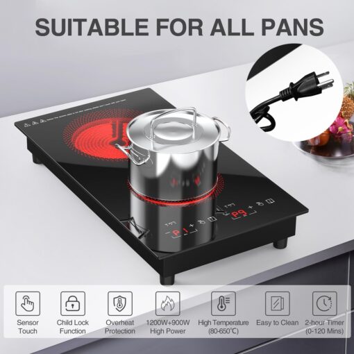Electric Cooktop 2 Burners,110v Electric Stove Top,ANHANE Infrared Burner 12 Inch Built-in Double Induction Cooktop,20 Temperature,Compatible for All Cookware with Plug - Image 7