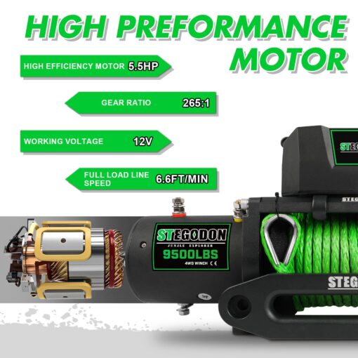 STEGODON Winch 9500lb Winch 12V Waterproof Electric Winch Synthetic Rope Winch with Wireless Remote and Corded Control for Truck SUV Jeep Wrangle (Green Rope) - Image 5