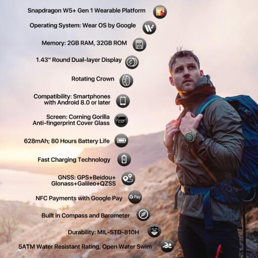 Ticwatch Pro 5 Android Smartwatch for Men Snapdragon W5+ Gen 1 Wear OS Smart Watch 80 Hrs Long Battery Life Health Fitness Tracking 5ATM Water Resistance Compass Android Only Compatible, Sandstone - Image 9