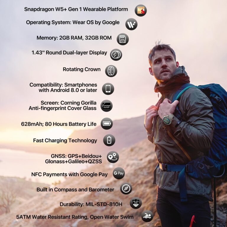 Ticwatch Pro 5 Android Smartwatch for Men Snapdragon W5+ Gen 1 Wear OS Smart Watch 80 Hrs Long Battery Life Health Fitness Tracking 5ATM Water Resistance Compass Android Only Compatible, Sandstone - Image 9