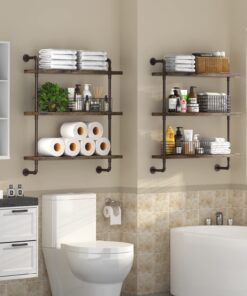 Industrial Pipe Shelf Wall Mounted, Rustic Wood Floating Shelves, 3 Tier Wall Display Bookshelf, Storage Rack Sundries Holder for Kitchen Office Bathroom Organization and Home Decor (24inch x 2)