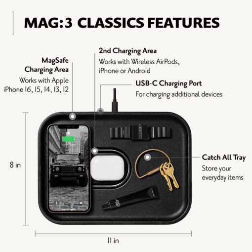 Courant MAG:3 Classics Charger and Tray - Italian Leather, Multi-Device Charger Compatible with MagSafe iPhones 16, 15, 14, 13, 12 or Wireless AirPod Cases (Black) - Image 5