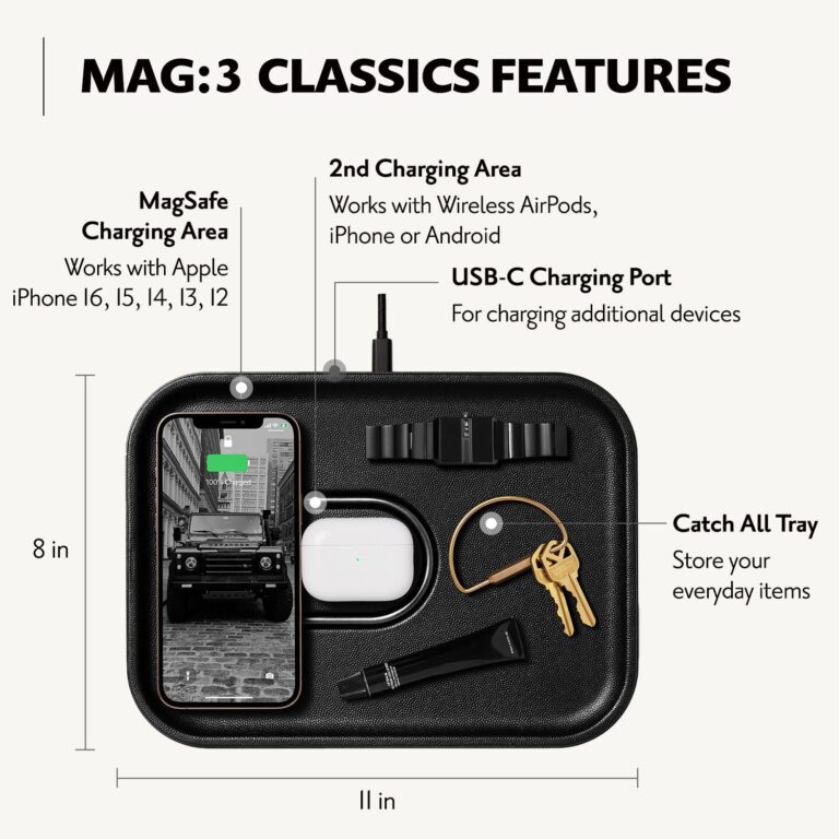 Courant MAG:3 Classics Charger and Tray - Italian Leather, Multi-Device Charger Compatible with MagSafe iPhones 16, 15, 14, 13, 12 or Wireless AirPod Cases (Black) - Image 5