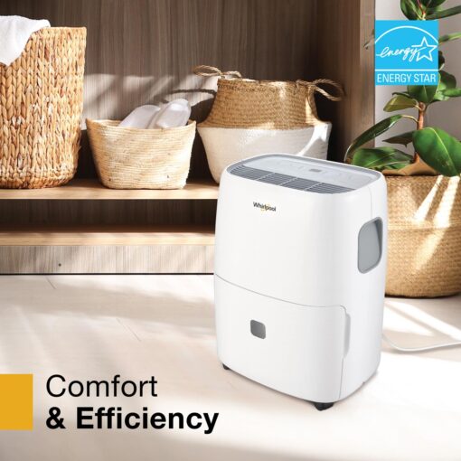 Whirlpool 50-Pint Portable Dehumidifier for Basement, Garage, and Living Room, 115V, Dehumidifier for Rooms up to 4500 Sq. Ft. with Energy Star Certification, Auto-Shutoff, and Timer in White - Image 2