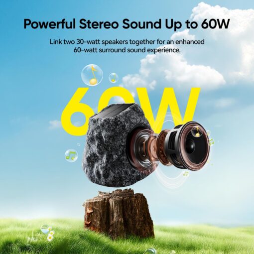 Outdoor Rock Speaker 60W Deep Bass Multi-Sync up to 100 Speakers Auto-Pairing, IPX7 Waterproof Solar-Powered Bluetooth Speaker Perfect for Pool, Garden, Patio, Ideal for Music Entertainers - 2 Pack - Image 7