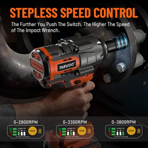 Takuoo 1300N.m(960Ft-lbs) Cordless Impact Wrench High Torque, 1/2" 21V Brushless Impact Gun w/2x 4.0AH Battery Fast Charger, Electric Power Impact Wrench for Truck RV Heavy-duty, 5 Sockets, Tool Box - Image 4