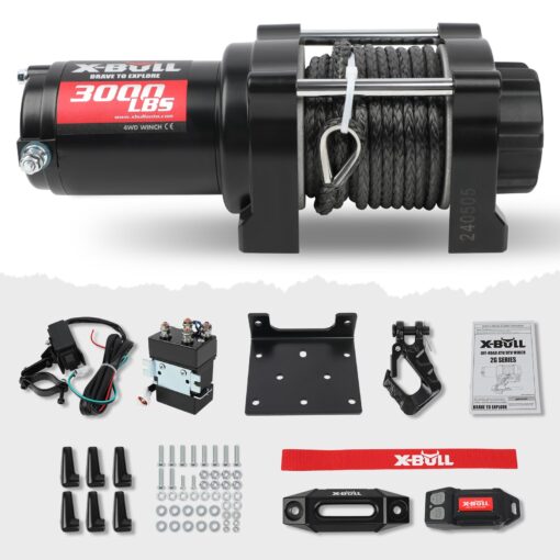X-BULL New 12V DC 3000LBS IP68 Waterproof Electric Winch for Towing ATV/UTV, Boat, Off Road, Wireless Remote and Corded Control Recovery, Portable Synthetic Rope Electric Winch with Hawse Fairlead. - Image 2