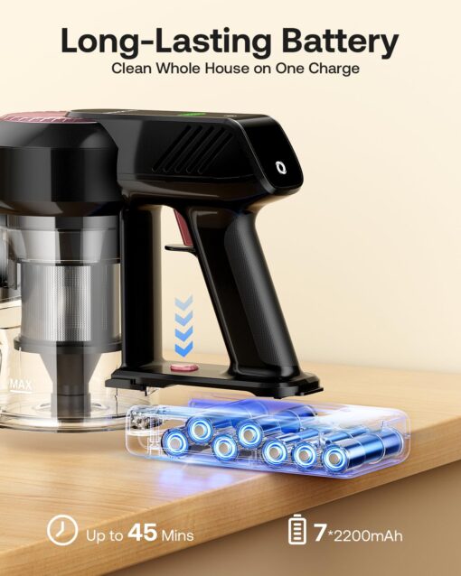 Cordless Vacuum Cleaner, 40Kpa 45Mins Vacuum Cleaners for Home, 8-in-1 Lightweight Stick Vacuum with Powerful Suction, Anti-tangle Wireless Vacuum for Carpet, Tile, Pet Hair, Hardwood Floors, Black - Image 3