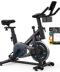 MERACH Exercise Bike, Brake Pad Stationary Bike with Exclusive App, Low Noise Indoor Cycling Bike with 300lbs Weight Capacity, Tablet Mount and Fitness Courses for Weight Loss