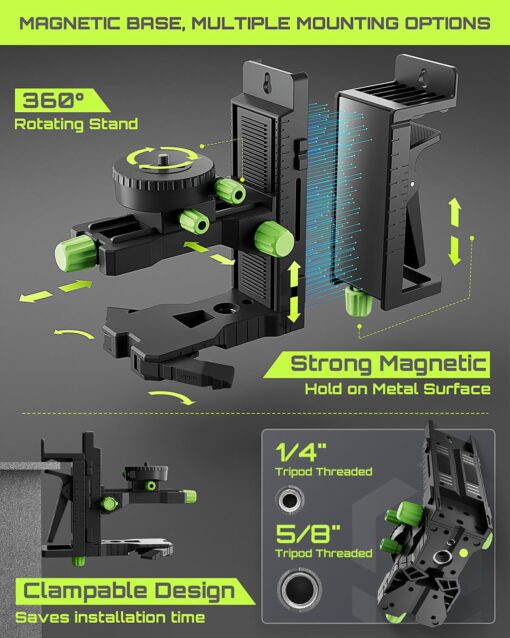 LasGoo LG-3DMAX 3x360° Green Laser Level, 3D Self-Leveling Cross Line Laser with 2 Rechargeable Lithium Batteries, Fine-Tuning Bracket Adapter, Green Laser Enhancement Glasses, and Hard Carrying Case - Image 4